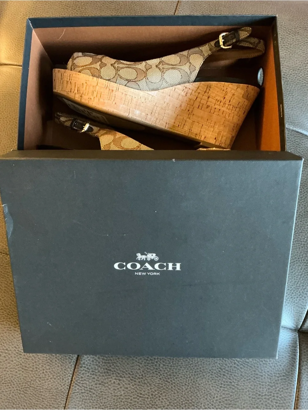 NWT Coach Brown Monogram Slingback Peep-Toe Wedge Sandals